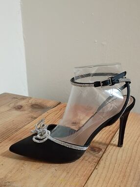 BCBGeneration Black Satin Pointed Toe Ankle Wrap Rhinestone Bow Size 9.5